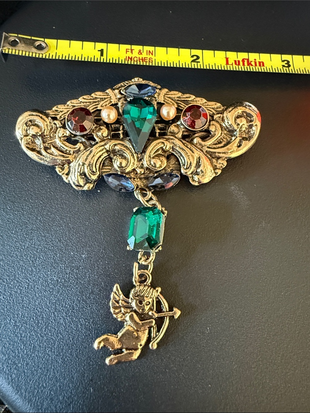 Gold-Tone Emerald & Garnet Cherub Drop Brooch - Unbranded